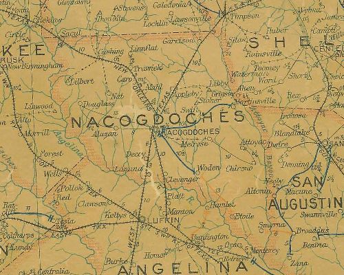 Nacogdoches County Texas  1907 postal map