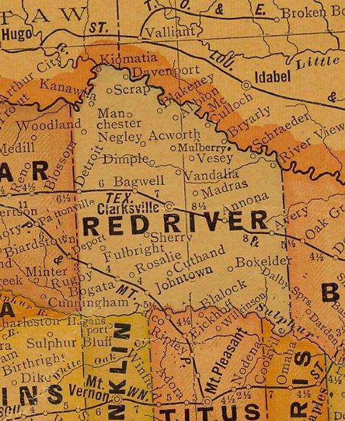 Red River Valley Texas Map Scrap, Texas, Red River County Ghost Town.