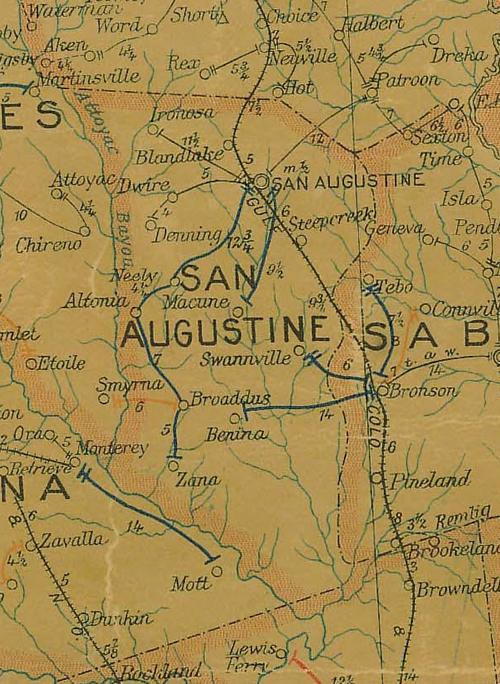 San Augustine  county TX 1907 postal map