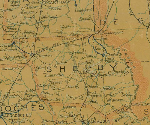 Shelby County TX 1907 Postal map