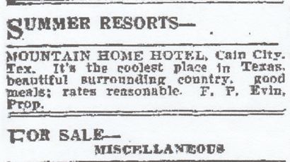 TX - Cain City Mountain Home Hotel Ad