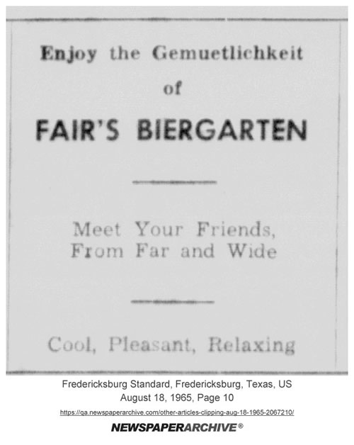 Fredericksburg, TX ad for  Fair's Biergarten, August 18, 1965