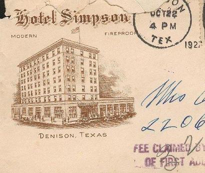 Downtown Denison, Texas - Hotel Simpson old staioneray