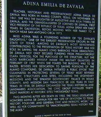 Adina Emilia De Zavala historical marker showing text