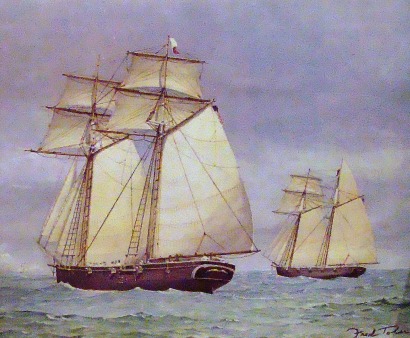 Painting of San Bernard and San Jacinto Schooners-of-war, Rockport TX Maritime Museum exhibit