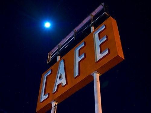 Moonlight and Route 66  abondoned  Cafe sign, Adrian, Texas