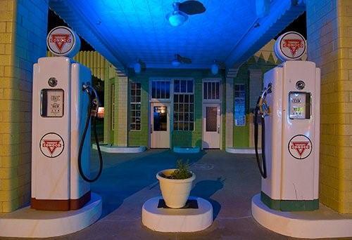 Restored Conoco gas pumps at the Tower Conoco station, Shamrock Texas