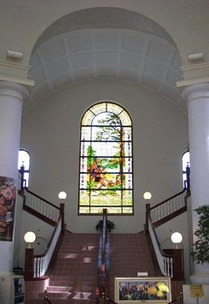 San Antonio TX I&GN MoPac Depot staircase & stained glass window