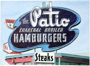 The Patio, Charcoal Broiled Hamburgers  Steaks, ghost sign painting by Dana Forrester 
