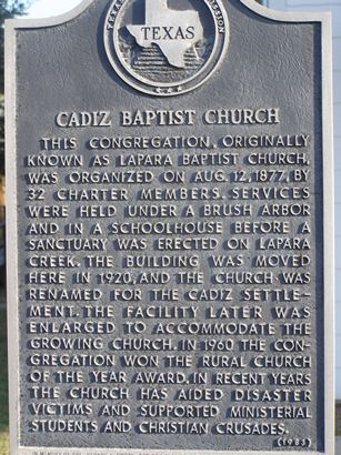 Cadiz Baptist Church historical marker, Cadiz Texas
