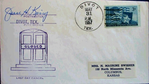 Divot TX - Frio County Post Office Last Day May 3, 1957 postmark