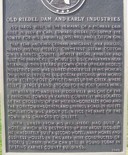 Gillett TX - Riedel Dam Historical Marker