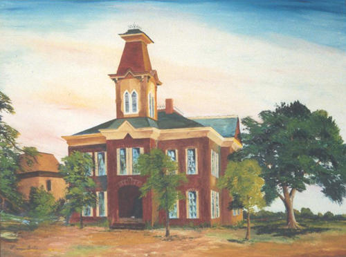 Oil painting of 1885 Atascosa County courthouse moved from Pleasanton Texas to Jourdanton