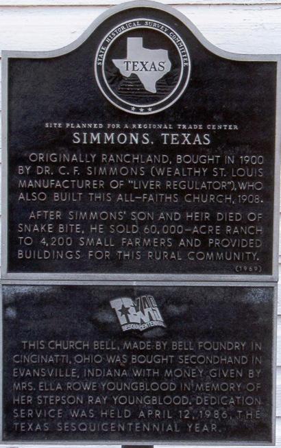 Historical Marker of Simmons Texas and Community Church Bell 