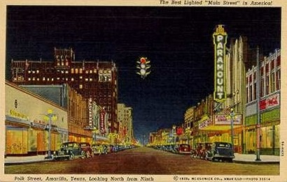 Amarillo Texas Polk Street night scene postcard