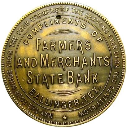 Ballinger TX - Farmers and Merchants State Bank Good Luck Coin , Front