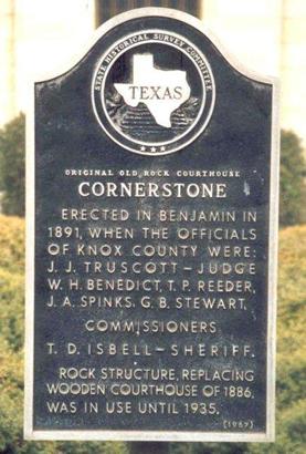 Old rock Knox County courthouse cornerstone historical marker, Benjamin Texas