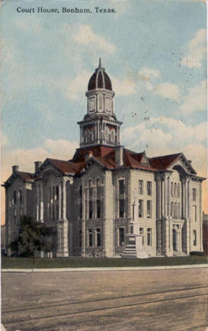 Bonham TX - Fannin county courthouse with clock steeple before fire