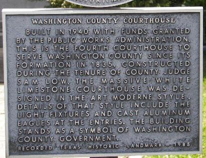 Brenham, Texas - Washington County Courthouse historical marker