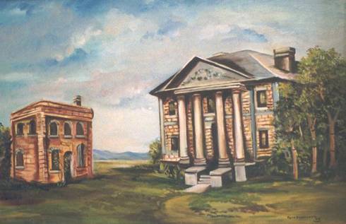 Oil painting of old Glasscock  county  jail/courthouse and current  courthouse