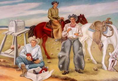 Gidding, Texas Post Office Mural detail, Cowboys Receiving Mail