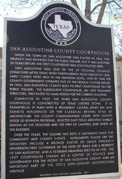 San Augustine Texas - San Augustine County courthouse historical marker