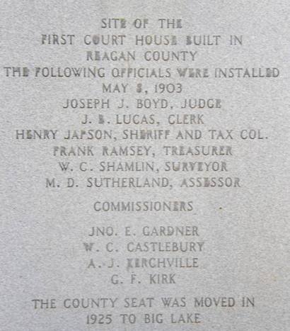 Reagan County First Courthouse TExas Centennial Marker Text