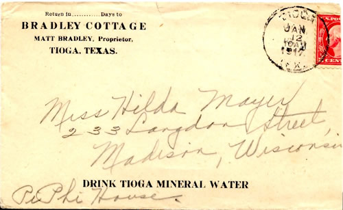 Tioga, TX - Bradley Cottage  hotel cover with Tioga 1917 postmark