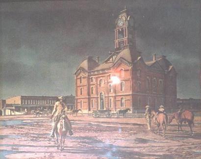 Oil painting of 1890 Wilbarger County courthouse, Vernon Texas
