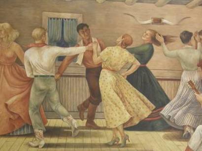 Dancers, Anson, Texas post office mural Cowboy Dance detail, by Jenne Magafan