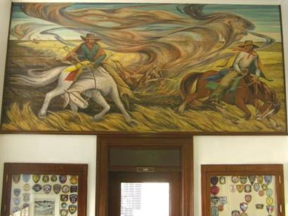 Brownfield TX WPA Mural - Ranchers of the Panhandle Fighting Prairie Fire with Skinned Steer by Frank Mechau