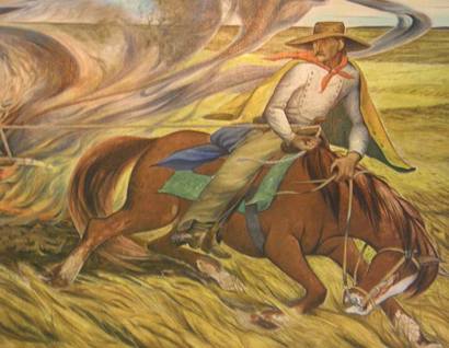 Brownfield TX WPA Mural detail- Ranchers of the Panhandle Fighting Prairie Fire with Skinned Steer by Frank Mechau