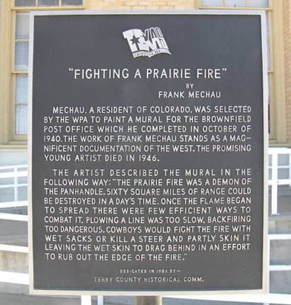 Brownfield TX WPA Mural - Ranchers of the Panhandle Fighting Prairie Fire with Skinned Steer  marker 