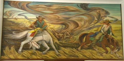 Brownfield TX WPA Mural - Ranchers of the Panhandle Fighting Prairie Fire with Skinned Steer by Frank Machau