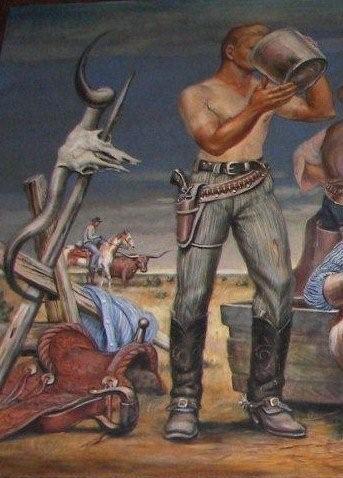 Cowboys, longhorn, longhorn skull and saddle, Cooper TX PO mural details