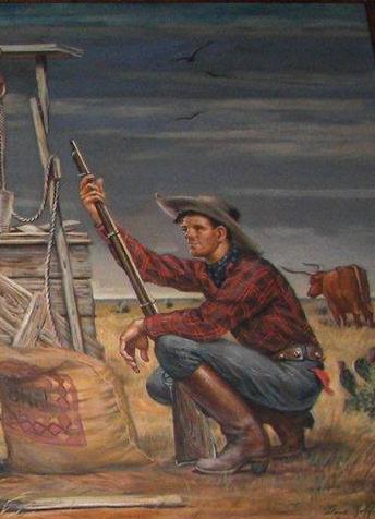 Cowboy with gun, longhorn, Cooper TX PO mural details