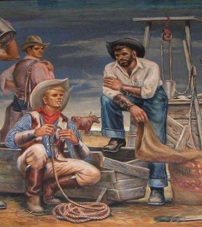 Cowboys smoking, rope, longhorn & well, Cooper TX PO mural details