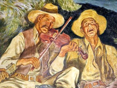 Rangers fiddling & singing - "Texas Rangers in Camp" detail, artist Ward Lockwood, Hamilton Texas  WPA Mural 