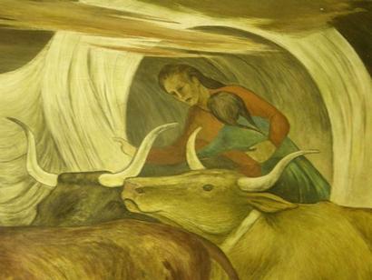 Madill, Oklahoma - PO mural “Prairie Fire” detail - Mother & girl in wagon - by Ethel Magafan,  1941
