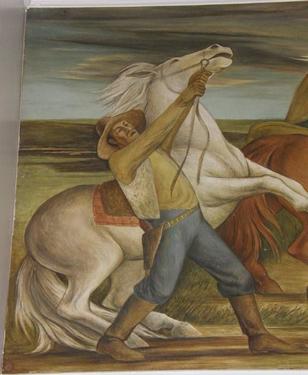 Madill, Oklahoma - PO mural “Prairie Fire” detail - cowboy with white horse, by Ethel Magafan,  1941