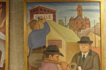Post Office mural "Rebuilding of paris" shows old courthouse