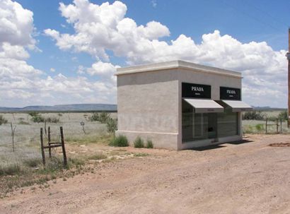 Prada Marfa under West Texas  white clouds