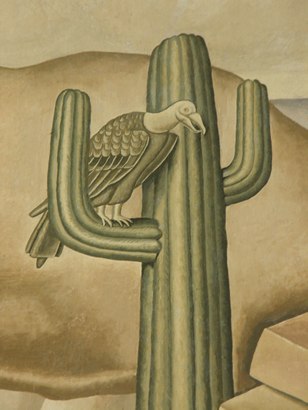 Vulture on cactus, Teague TX PO mural "Cattle Round-up" detail