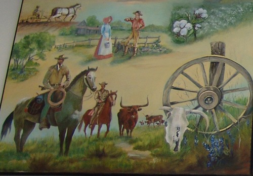 Alice TX Post Office Mural: South Texas Panarama  detail - cowboys &  longhorns