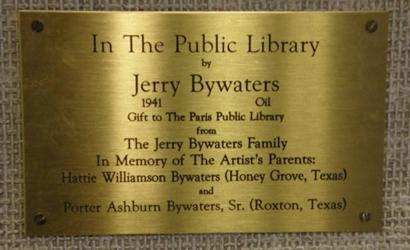 Plaque showing Jerry Bywaters' parents ' names and hometown