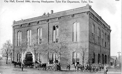 Tyler Texas - 1886 City Hall, Locust Street Fire Station, old postcard