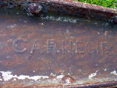 Carnegie name welded on Foot Bridge , Rosebud Texas
