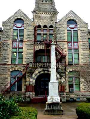 Fayette County Courthouse entrance with obelisk