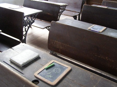 TX  - Old Helena Courthouse Schoolhouse courtroom classroom - school desks & slate