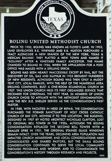 Boling United Methodist Church historical marker, Boling Texas